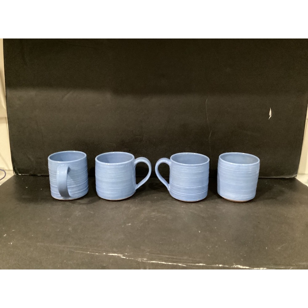 Studio Pottery Art Handcrafted Signed Alahas Blue Ribbed Mugs Set Of 4